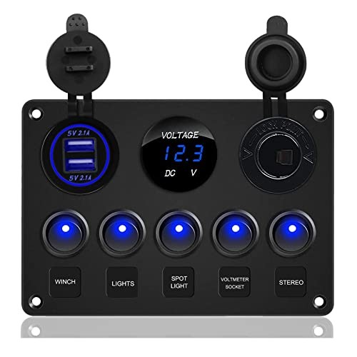5 Gang Multi-Function Rocker Switch Panel, 4.2A Dual USB Charger 5 Gang+4.2A