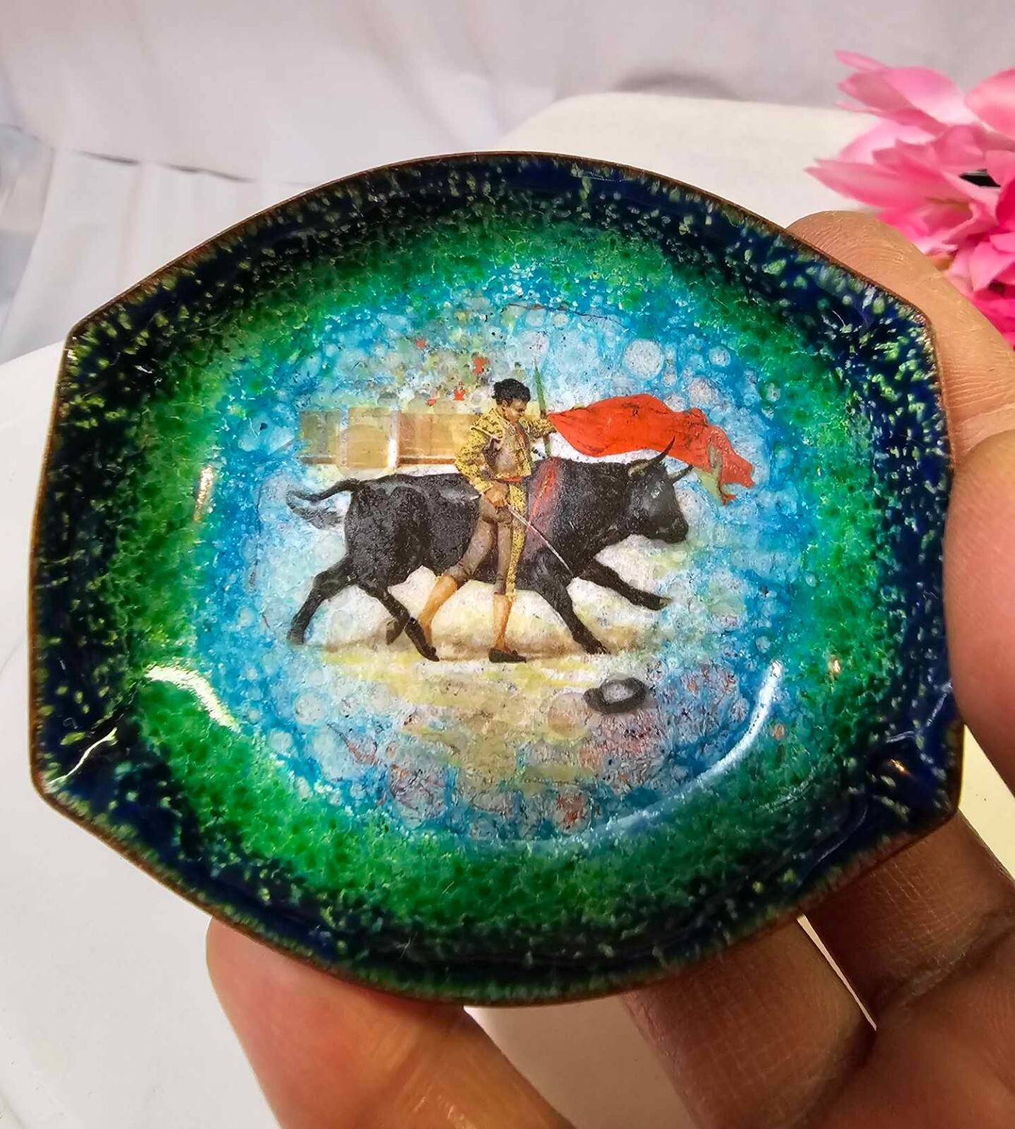Vtg Matador Bull fighter & Bull Enamel Cloisonne Trinket Dish /Small Bowl- A9