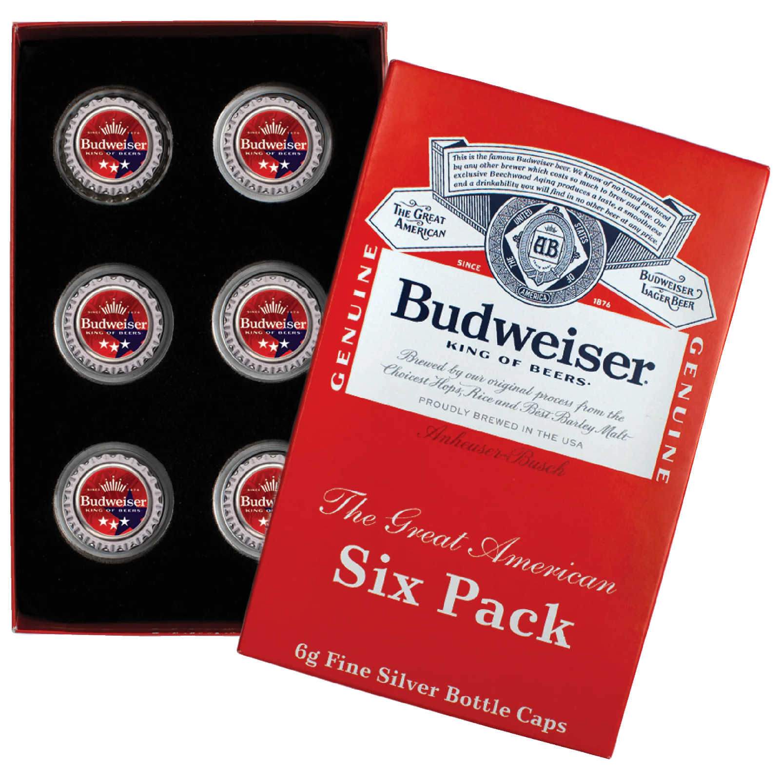 Budweiser Silver Bottle Cap Six Pack with Box - Patriotic