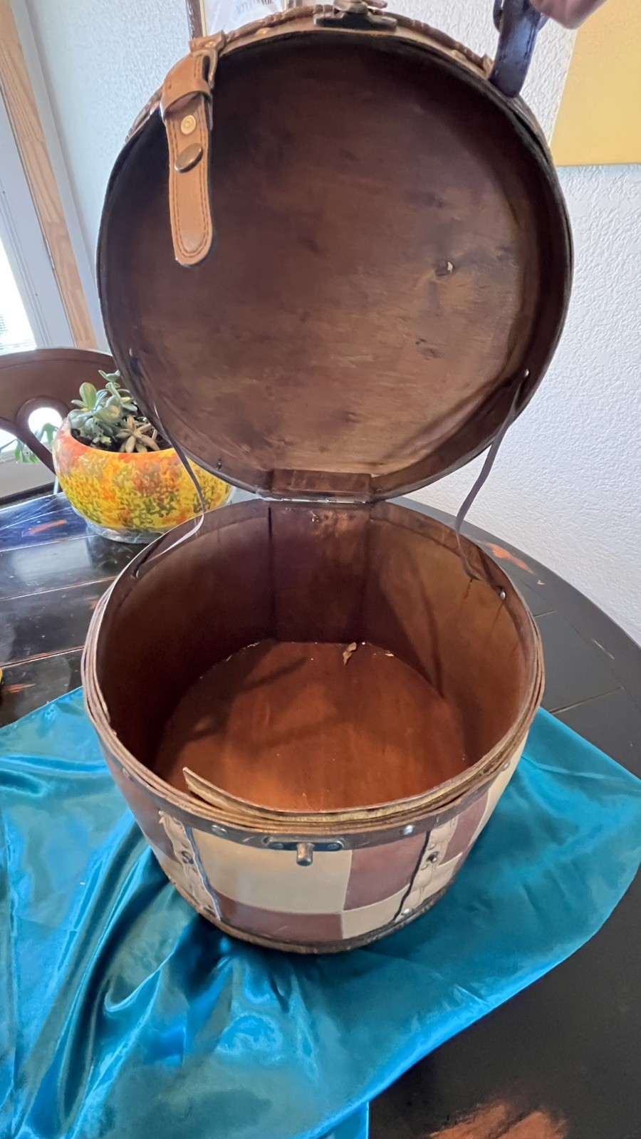 Vintage Hand Made Wood And Leather Hat Box Carry Travel Case Purse Tote