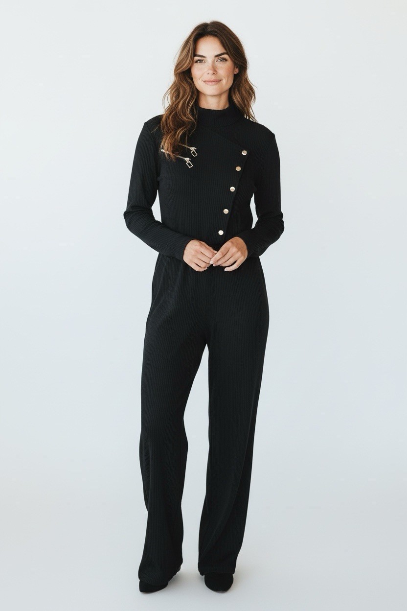 Vtg 1980s PG COLLECTIONS By Ginger Bort Black Ribbed Knit Jumpsuit Medium Retro