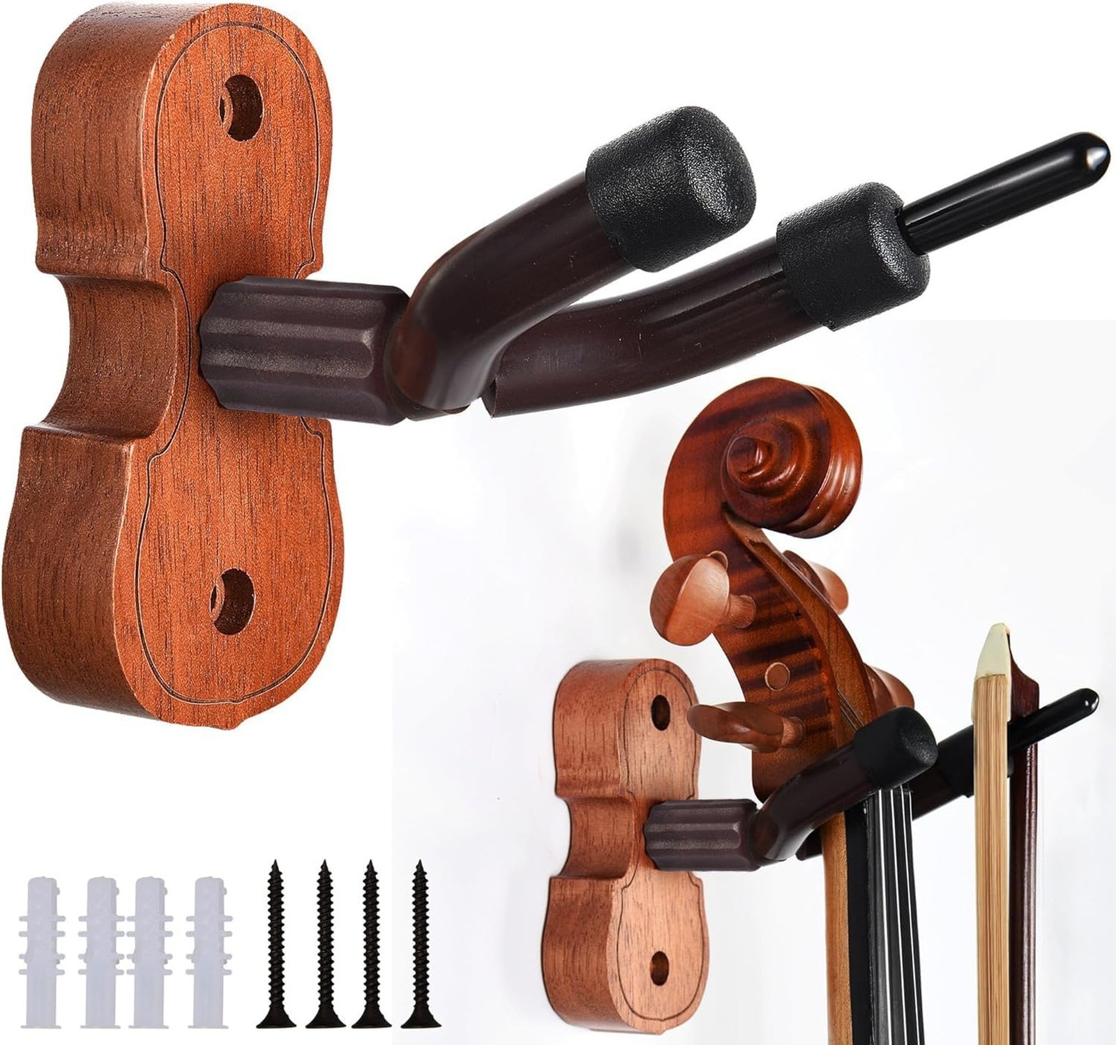 Violin Wall Mount Violin Hanger Mahogany Violin Viola Stand with Bow Hook (2 ...
