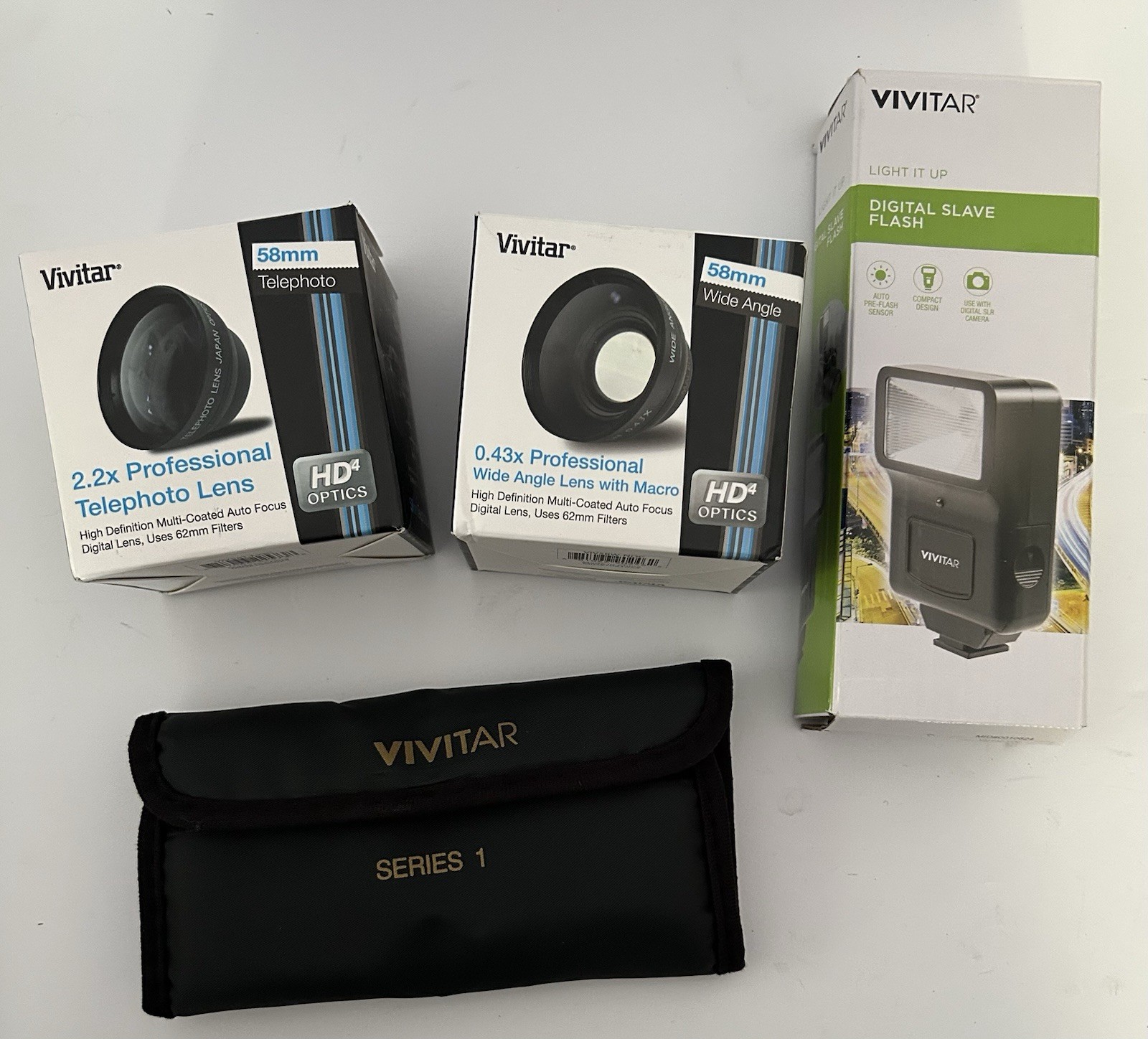 Vivitar Camera Accessories Lot - 58mm Telephoto, Wide Angle Lens, Flash, Filters