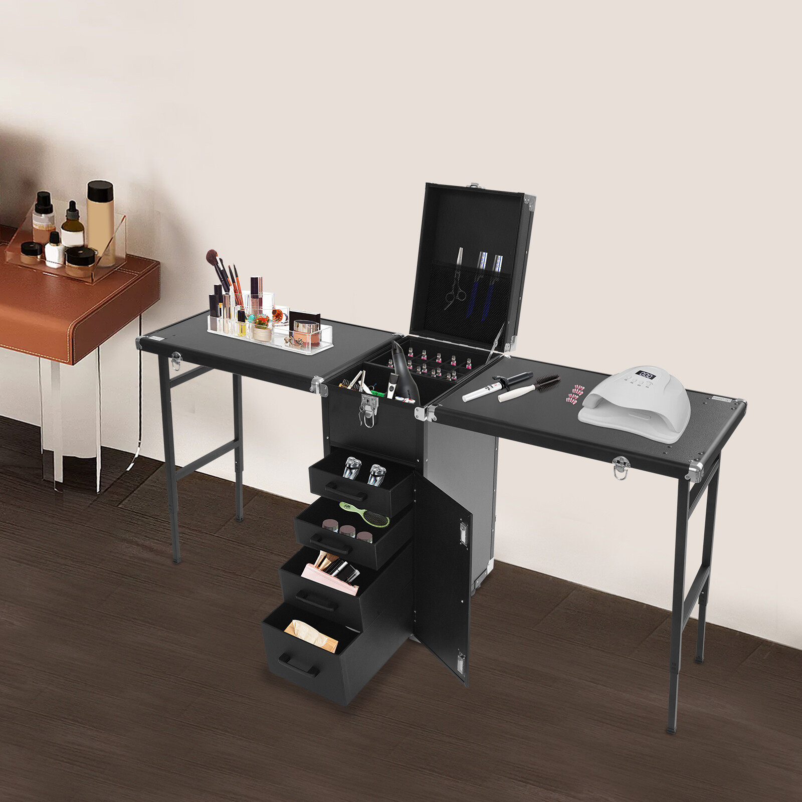 Table Portable Nail Table Desk Foldable Rolling Manicure Desktop Cosmetic Case