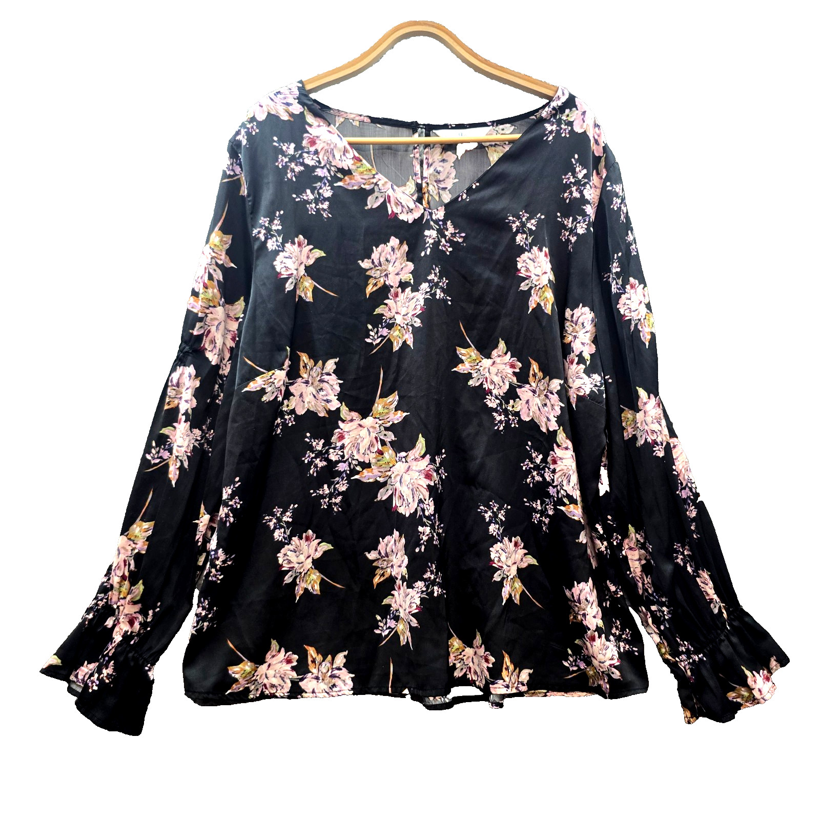 Avella Womens Blouse Top Plus Size 20 Black Pink Floral Long Sleeve V-Neck