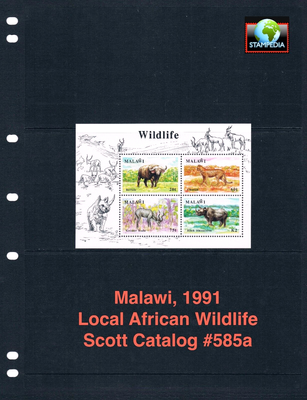 $22.00 Scott Value  - 1991 MALAWI Wildlife s/s African Rhino Zebra CV MNH NH UMM