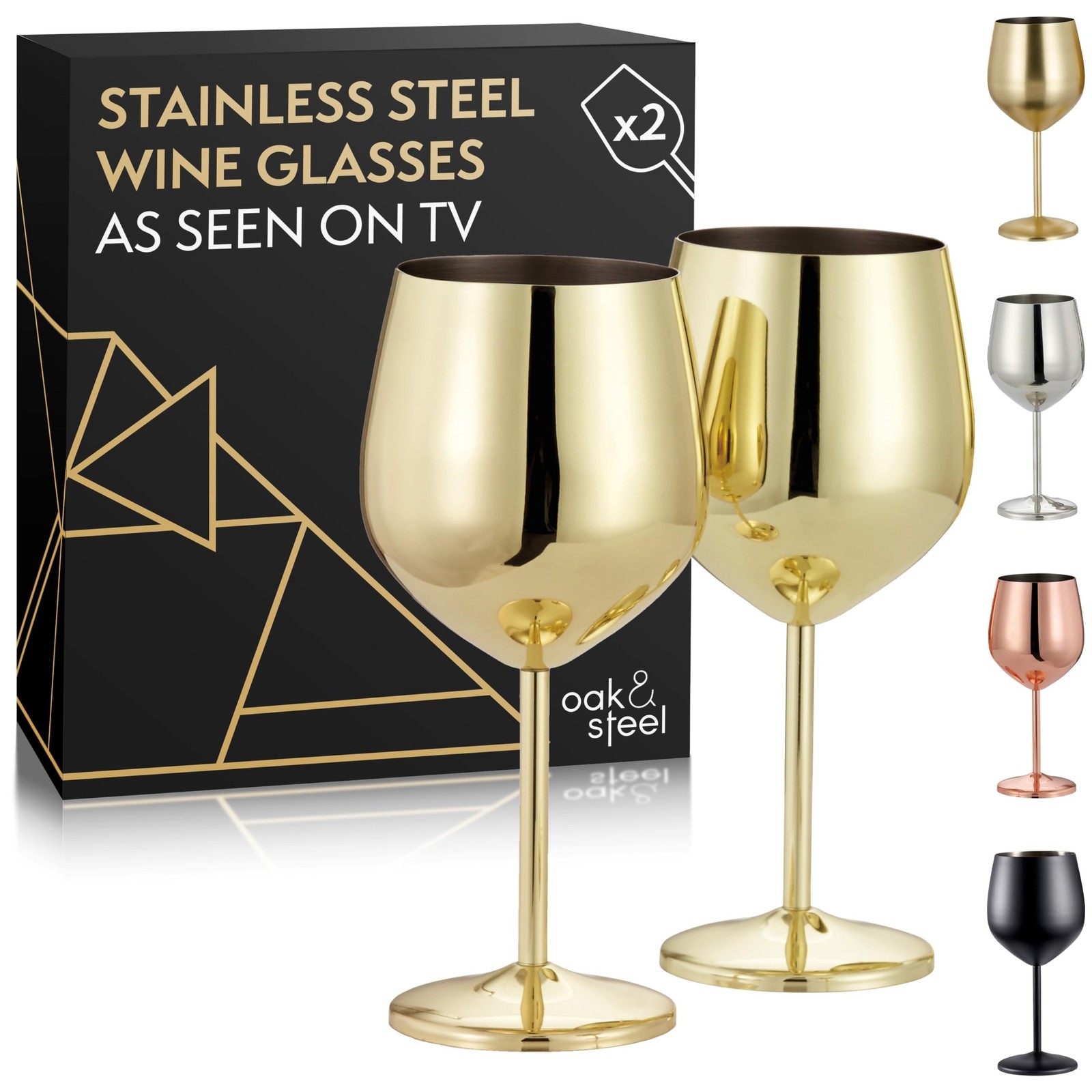 Oak & Steel - 2 Gold Stainless Steel Wine Glasses (18 Oz) Unbreakable Metal W...
