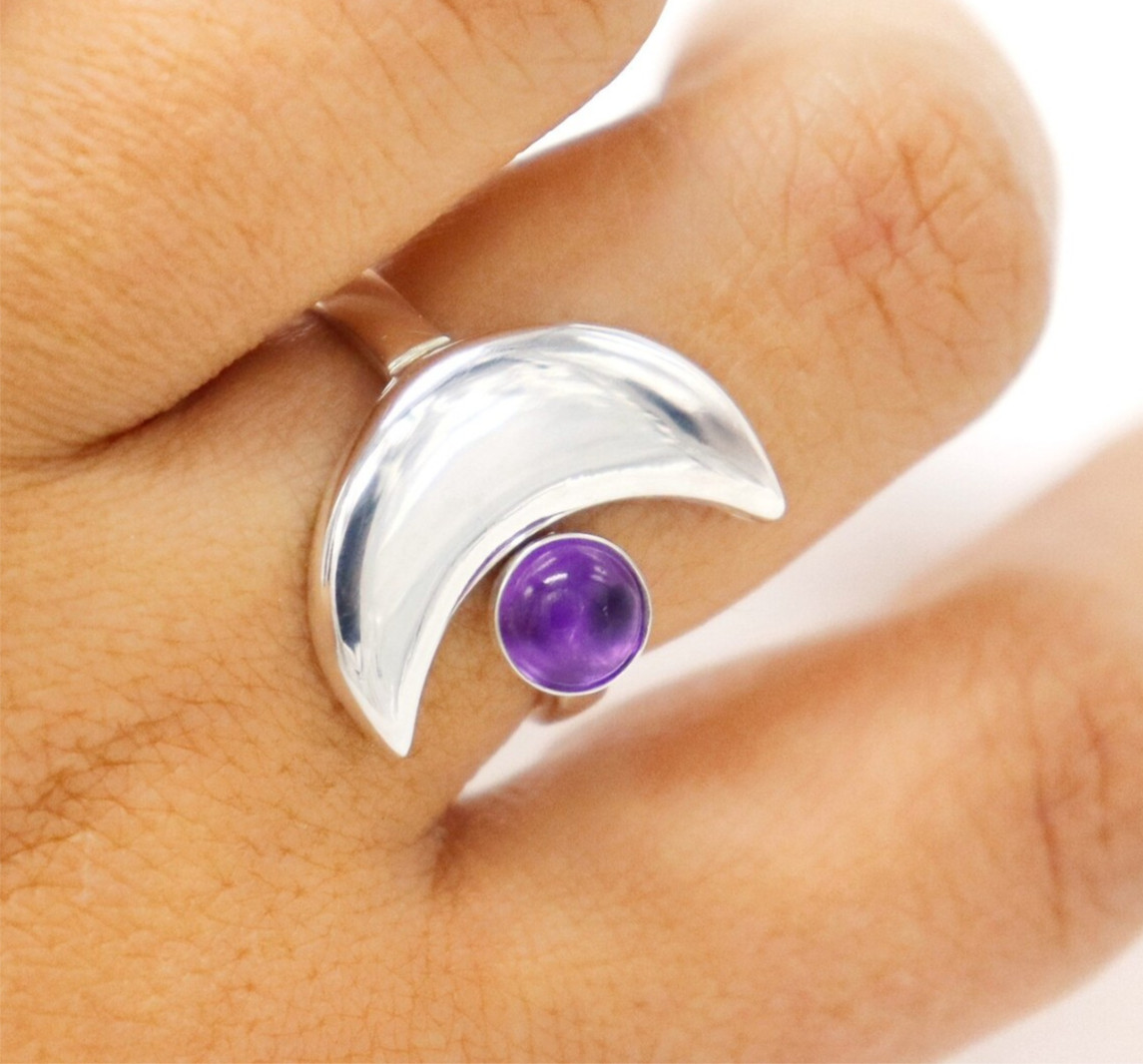 Sterling Silver Crescent Moon Ring • Amethyst Adjustable Boho Jewelry Gifts