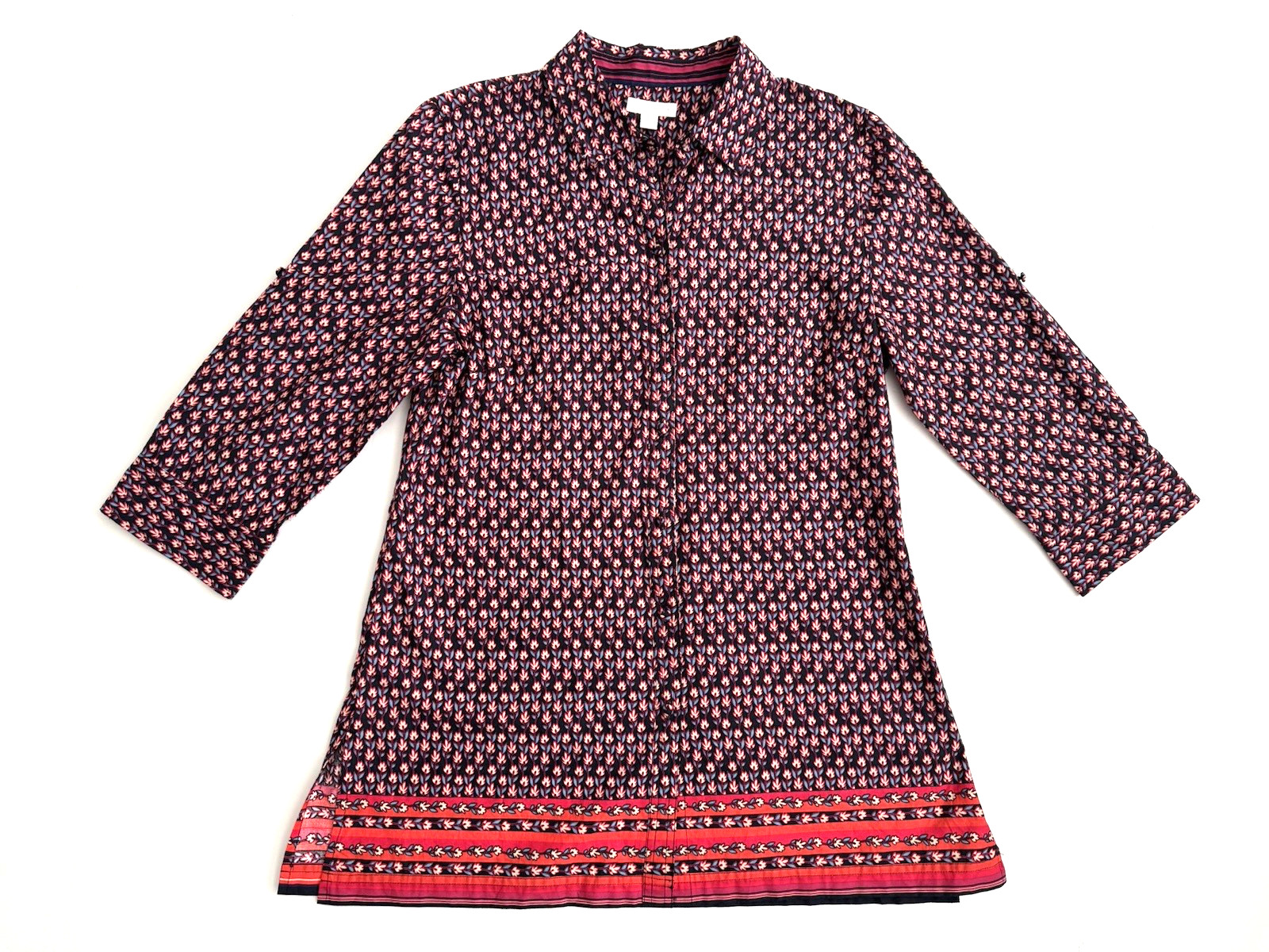 Charter Club Blouse 12 Tunic Length 3/4 Sleeve Black Red Floral Cotton Buttonup