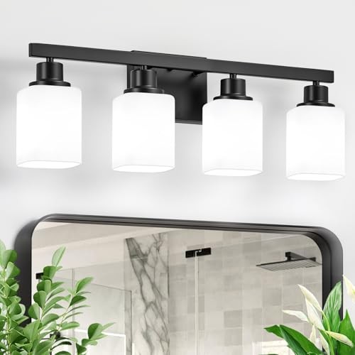 Bathroom Vanity Light, Modern Matte Bathroom Light Fixtures with 4-Light Black