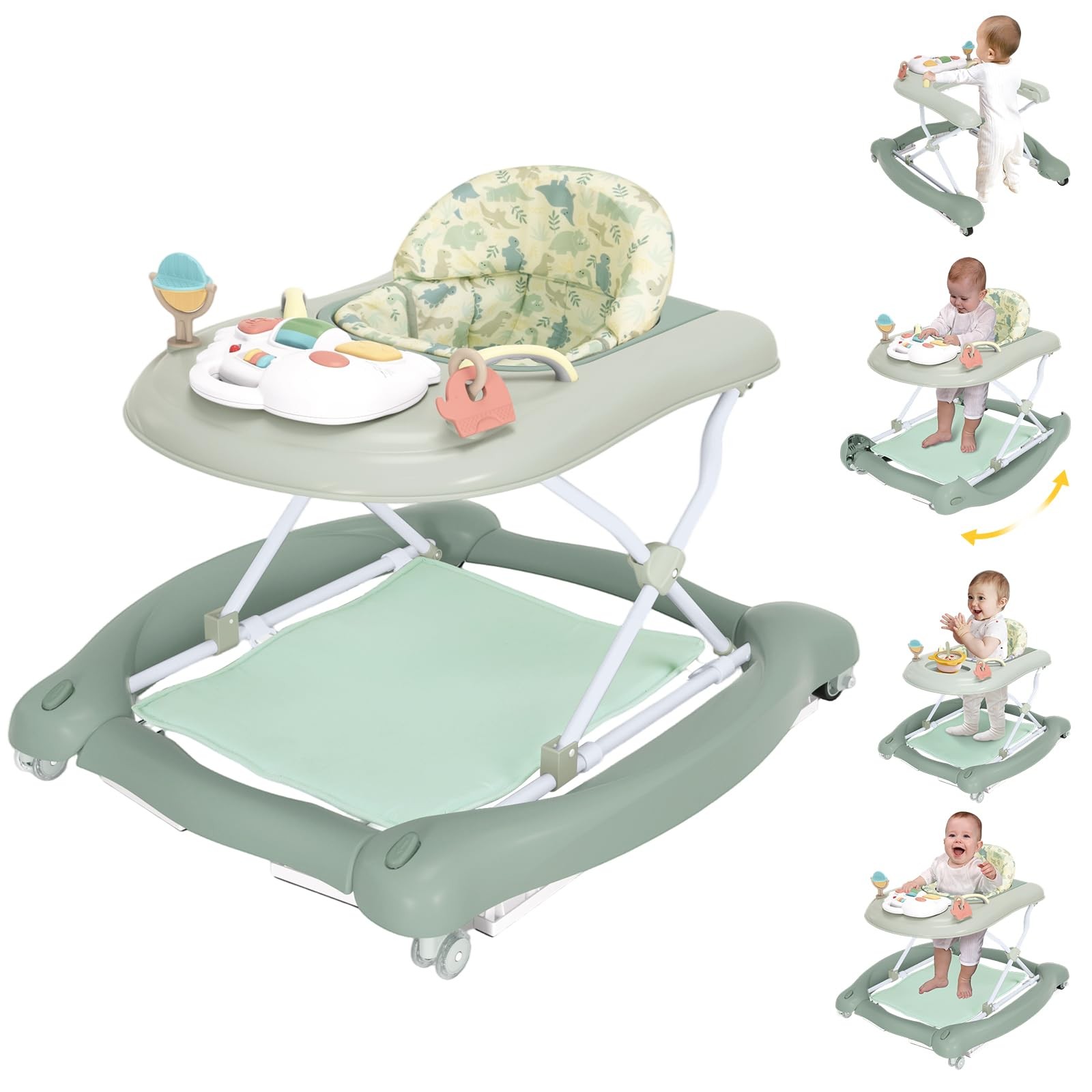Foldable Baby Walker 5-in-1 Activity Center Adjustable Height Detachable Mat