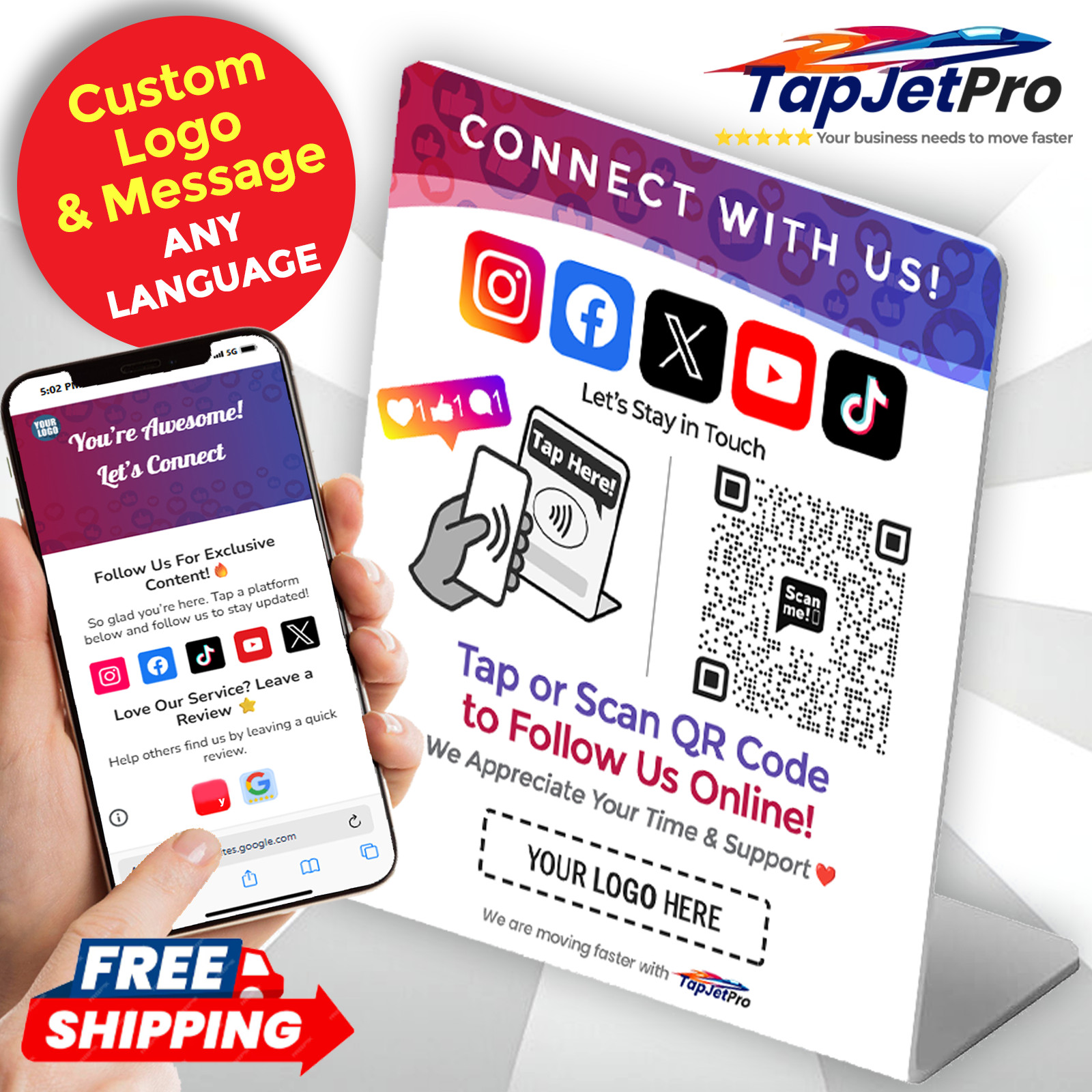 TapJetPro All-In-One Google Instagram Facebook Follow Review Tap Stand + QR
