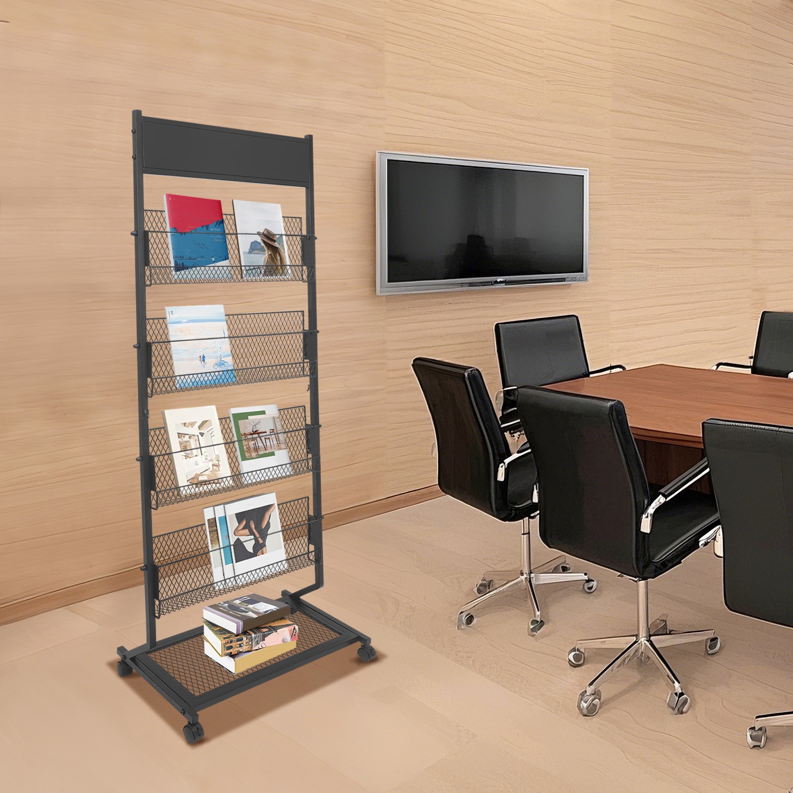 Magazine Display Stand, Floor Standing Brochure Display Stand With 4 Wheels