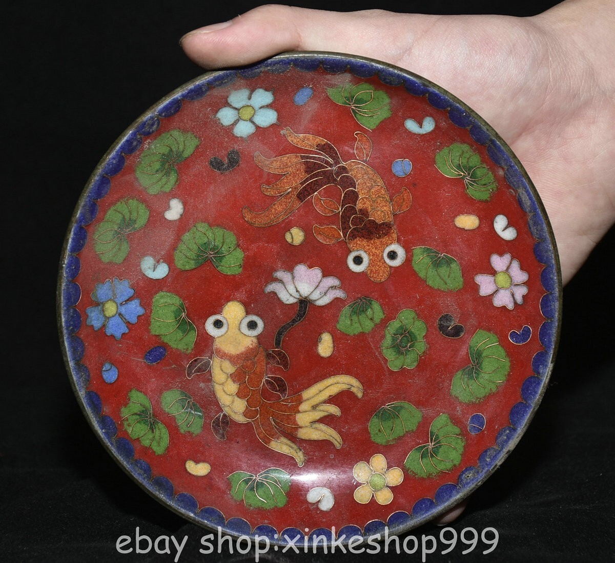 5.4" Old Chinese Bronze Cloisonne Dynasty Double Fish Flower Tray disc