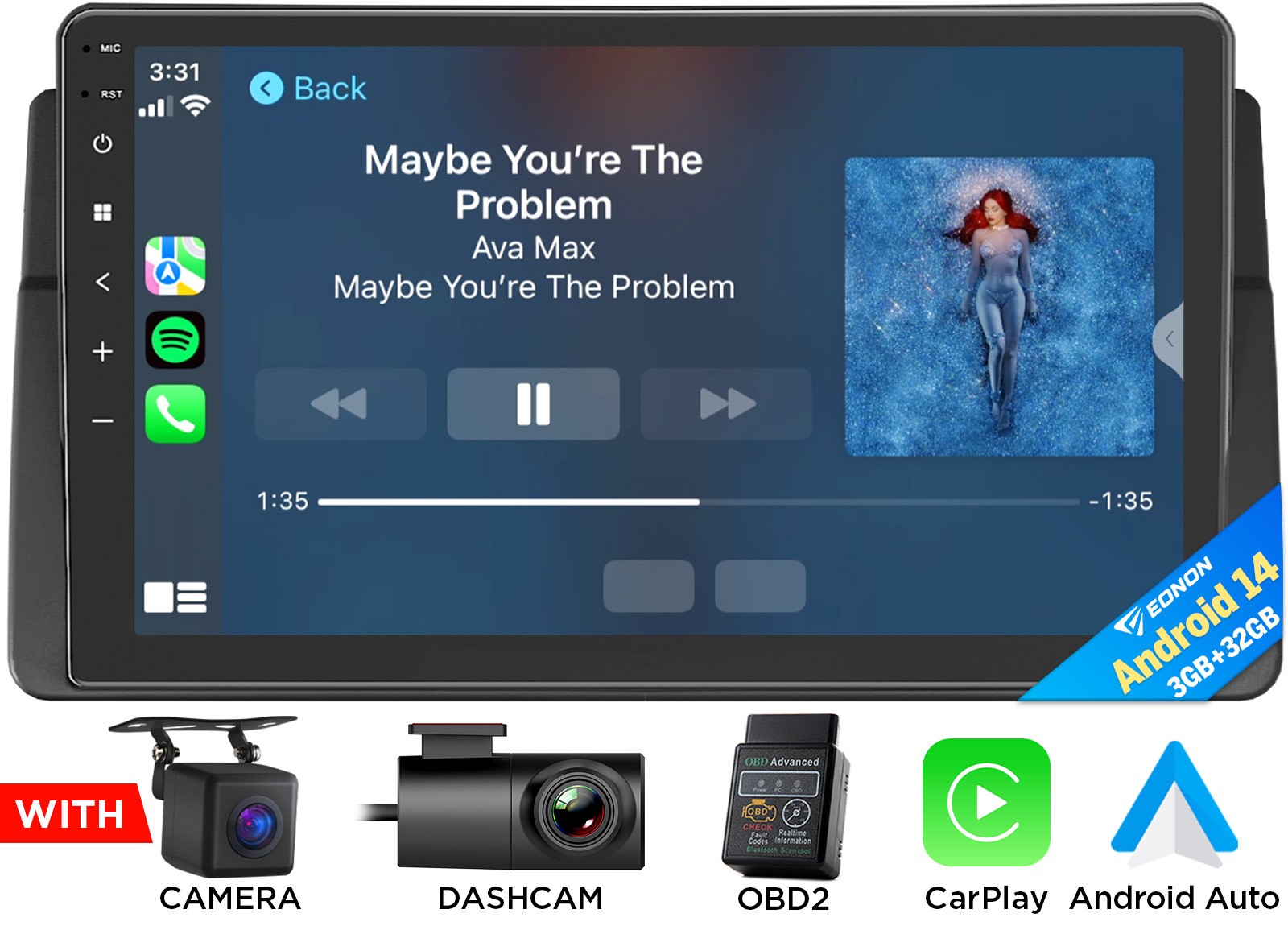 CAM+OBD+DVR+9"Android Auto 14 for BMW E46 325i Car Radio Head Unit Apple CarPlay