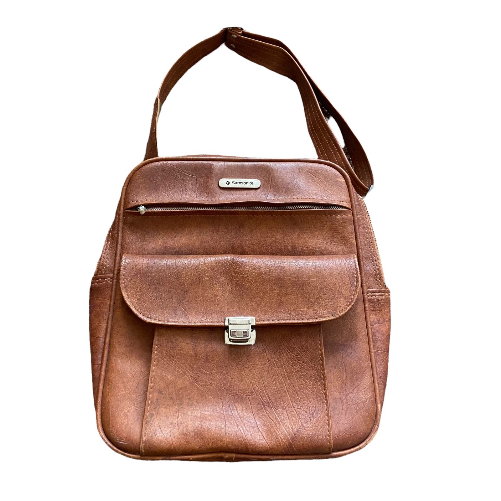 Vintage Samsonite Bag Tote Carry Leather Light Brown With Strap Zipper Pockets
