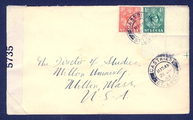 ST LUCIA 1945 KGVI COMBO CENSORED TO USA