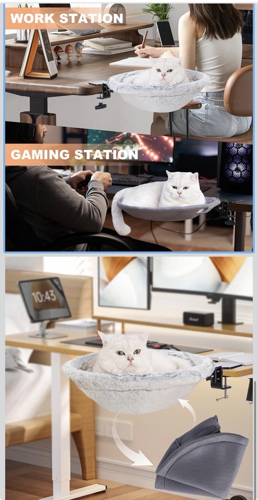 Cat Desk Bed Foldable Pet Perch Sunken Design Faux Rabbit Fur Washable New