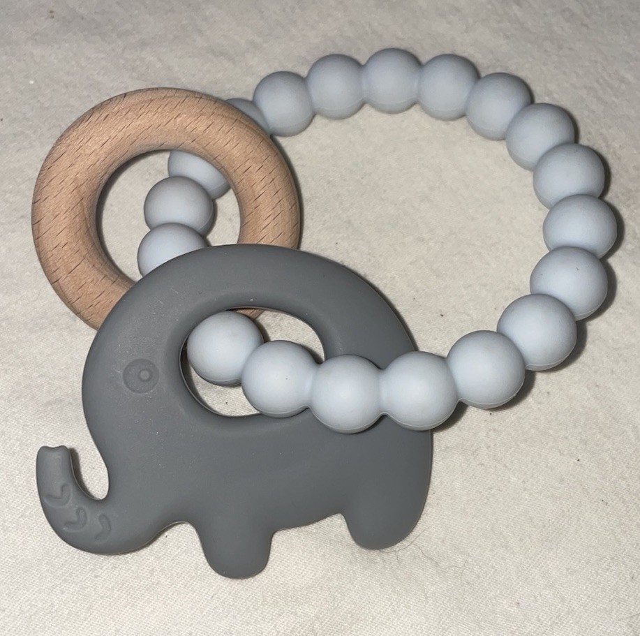 Gray Elephant Teething Ring BPA Free Silicone & Wooden Baby Toy