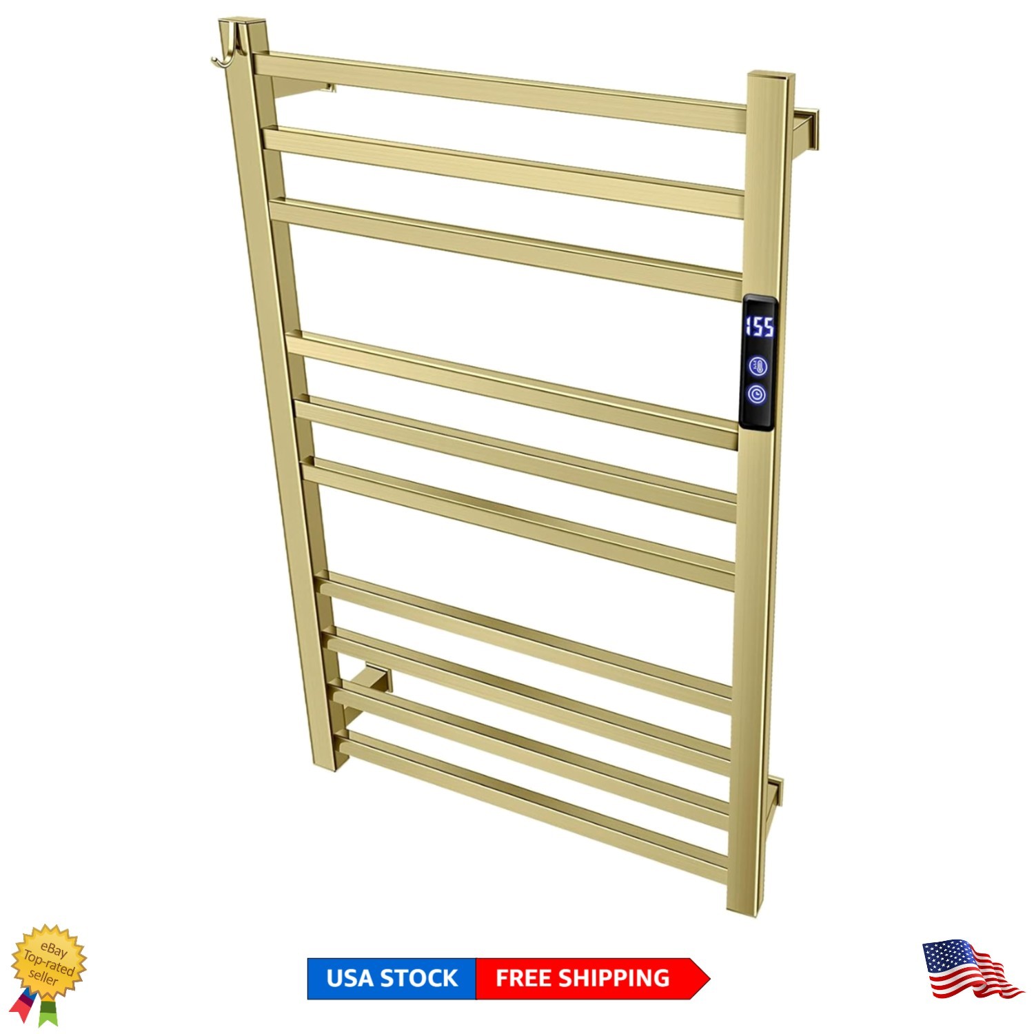 Brushed Gold Electric Towel Warmer Rack with Timer and Adjustable Temperatures