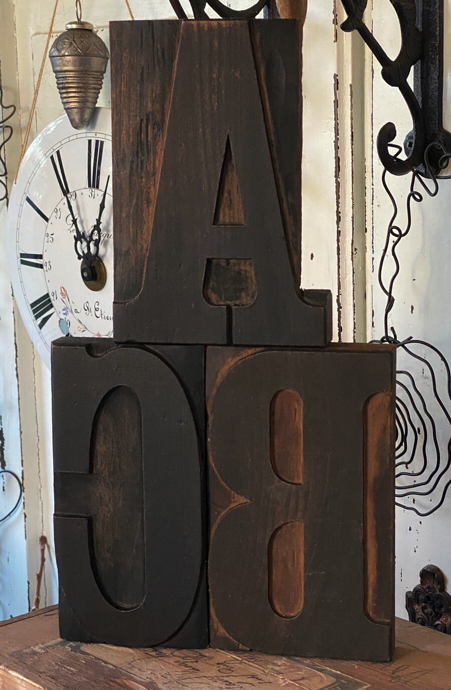 ABC wood type wooden printing blocks letterpress typography old vintage printer*