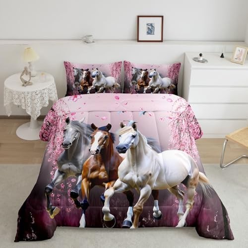  Girls Horse Size Comforter Set Cherry Blossom Galloping Horse Full Horse 1