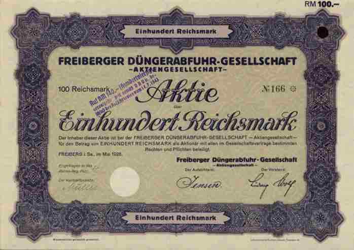 Freiberg fertilizer removal AG May 1928 Freiberg Saxony Lehmann Dresden 100 RM