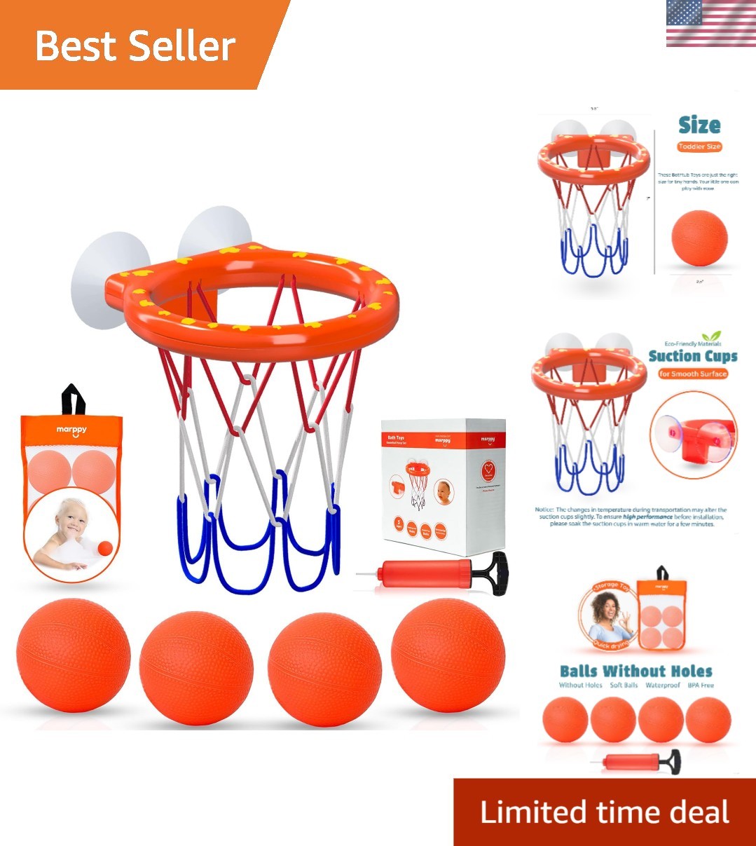 Compact Bathtub Basketball Hoop Set for Toddlers - 4 Soft Balls & Storage Bag