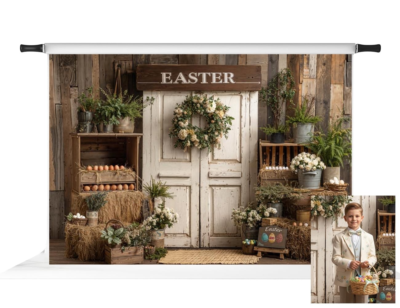 Easter Eggs Spring Backdrop Photography Rustic White Wood Door 7x5ft Fabric Pro