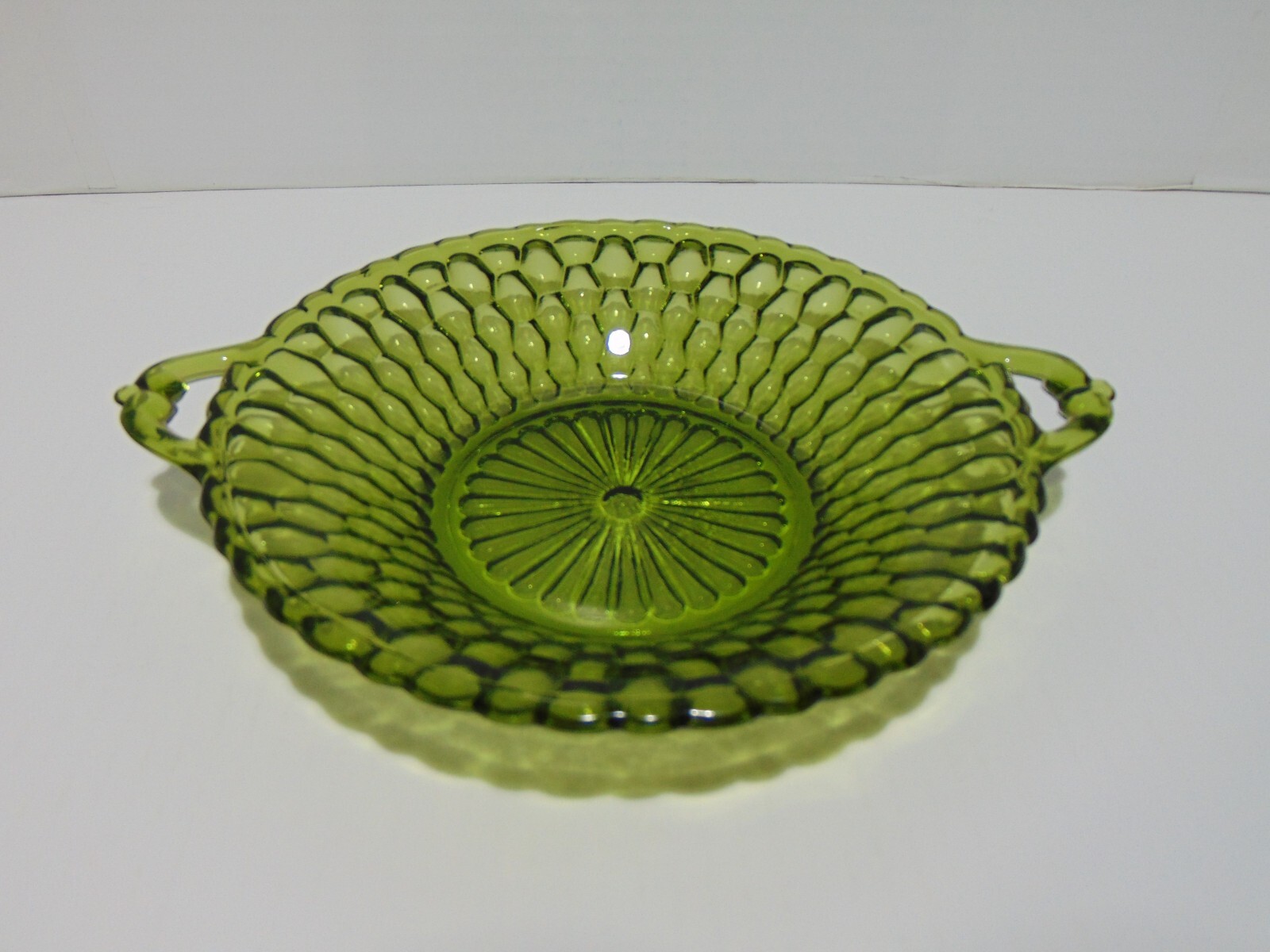 Indiana Glass Honeycomb Two Handled Relish Dish Avocado Green (A)
