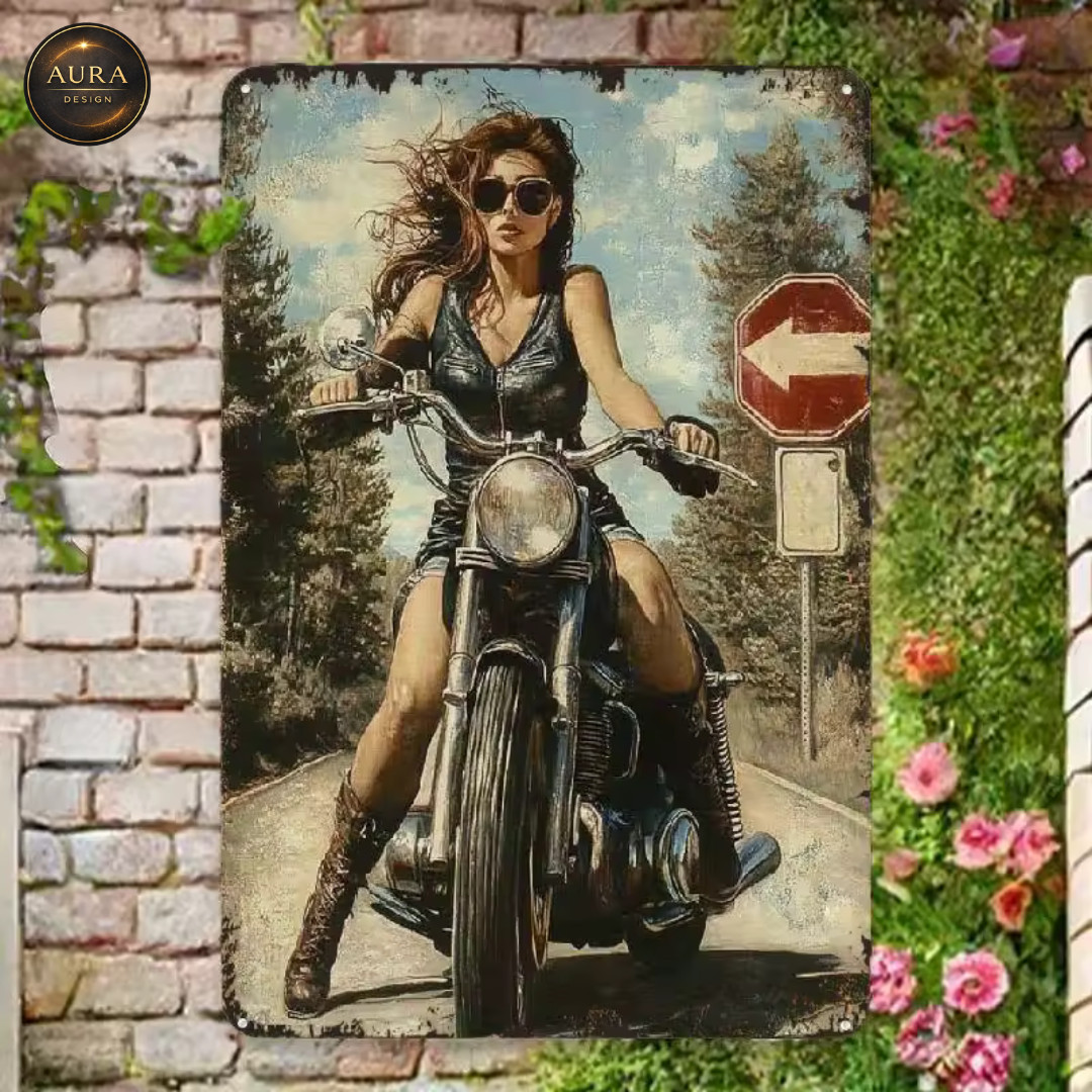 Motorcycle Girl Metal Decorative Plaque - Vintage Wall Art Poster