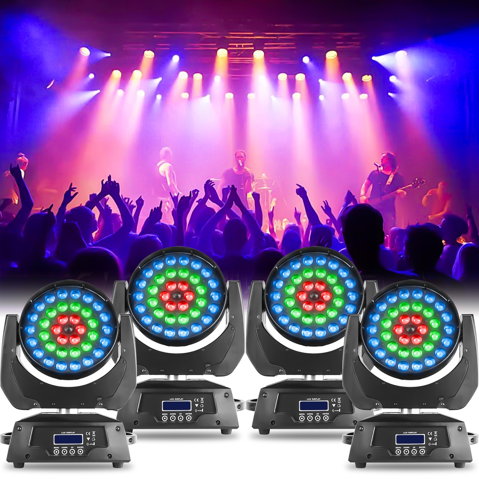 US 4PCS 360W RGBW LED Zoom Wash Moving Head Lighting 36X10W Beam Stage Light DMX