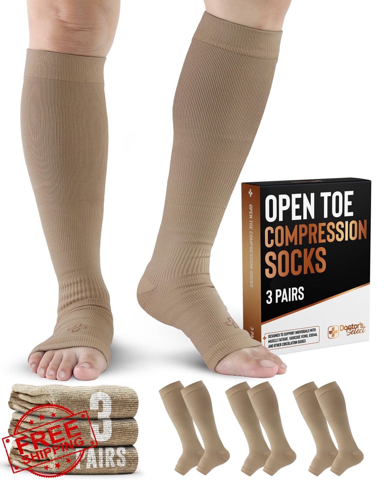 Doctor's Select 3 Pairs Copper Toeless Compression Socks Knee High 20-30 mmHg
