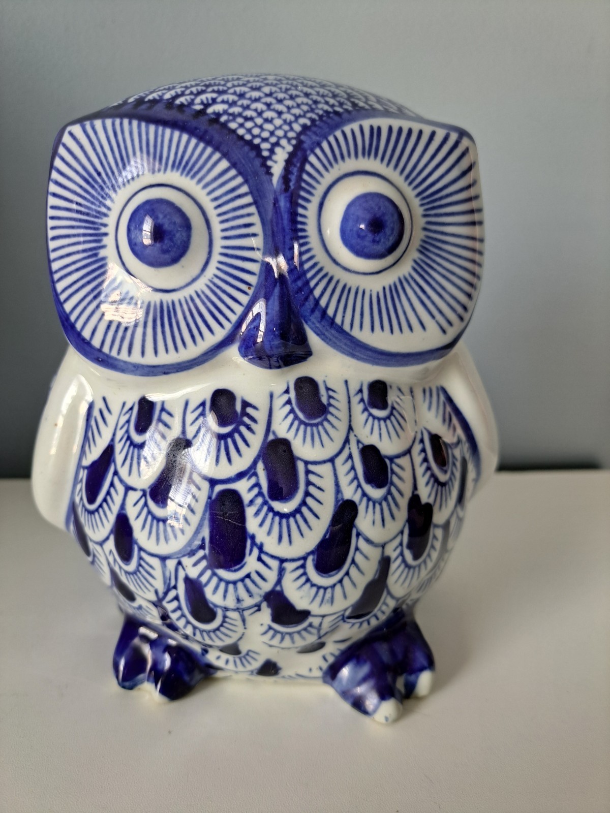 Owl Figurine Blue And White Ceramic Owl Ornament Lucky Charm Good Luck