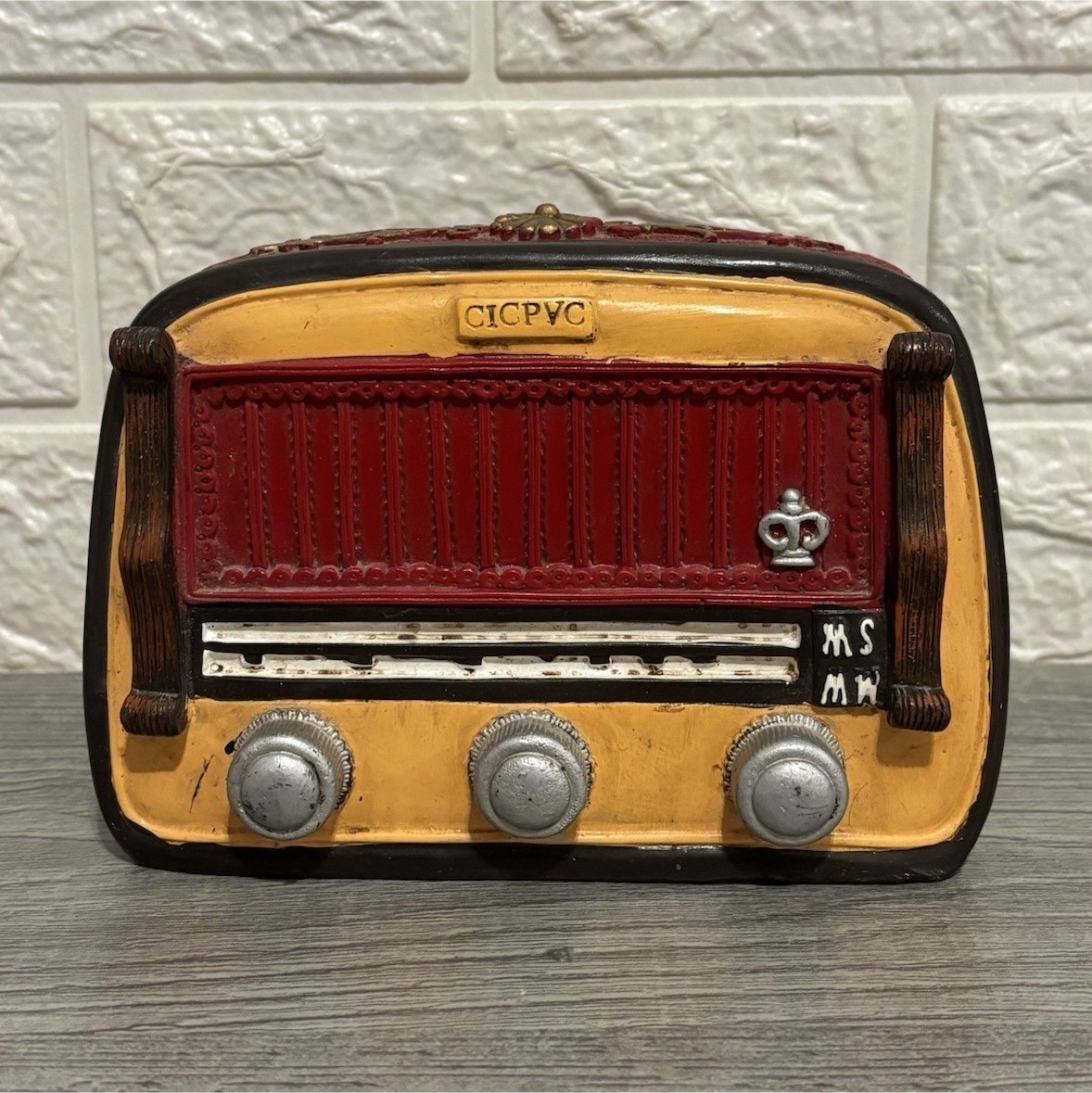 CICPVC Vintage Radio Style Collectible Piggy Bank Red Yellow Coin Slot