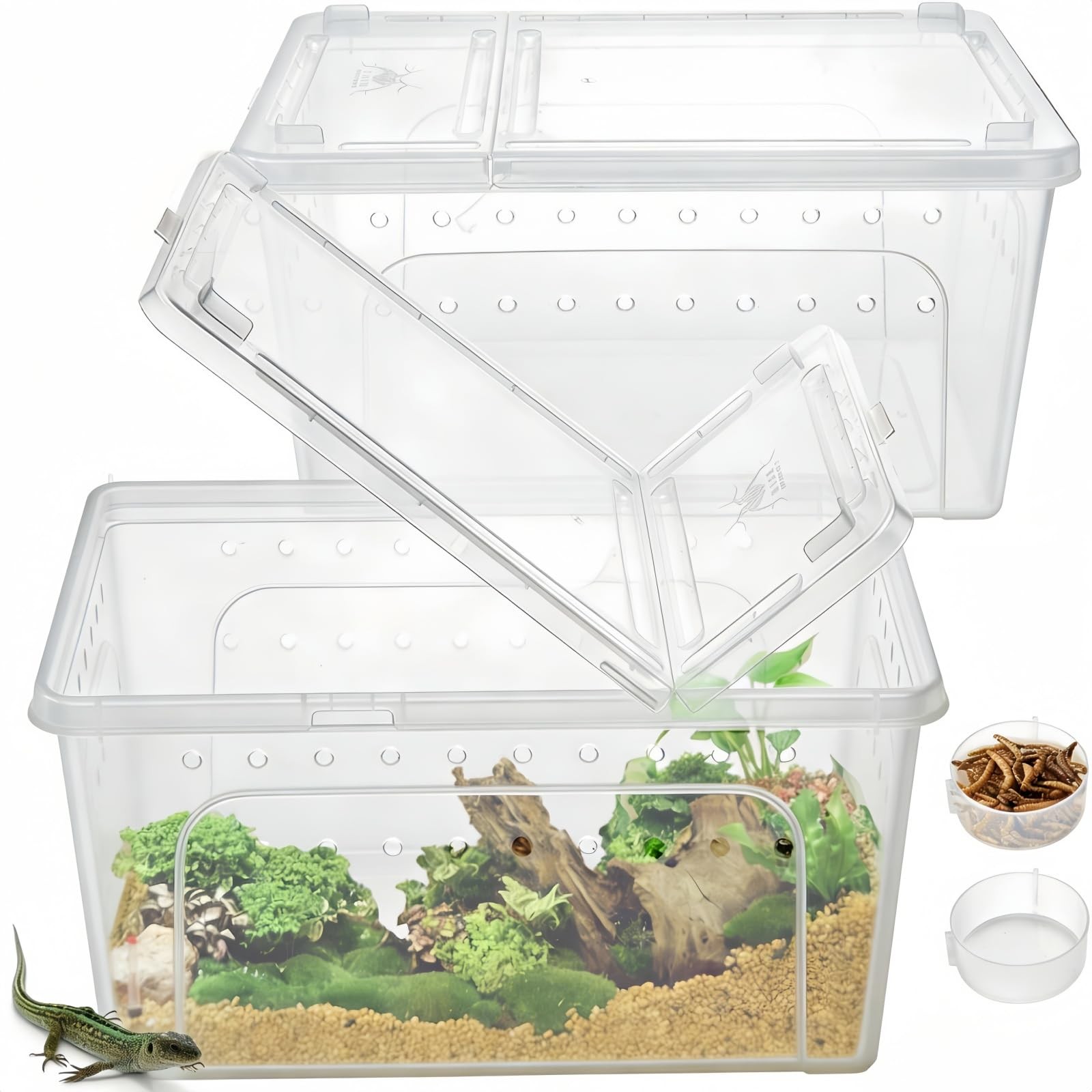 2 Pack Reptile Feeding Box, 12.6"x8.7"x6" Transparent Snake Enclosure Terrari...