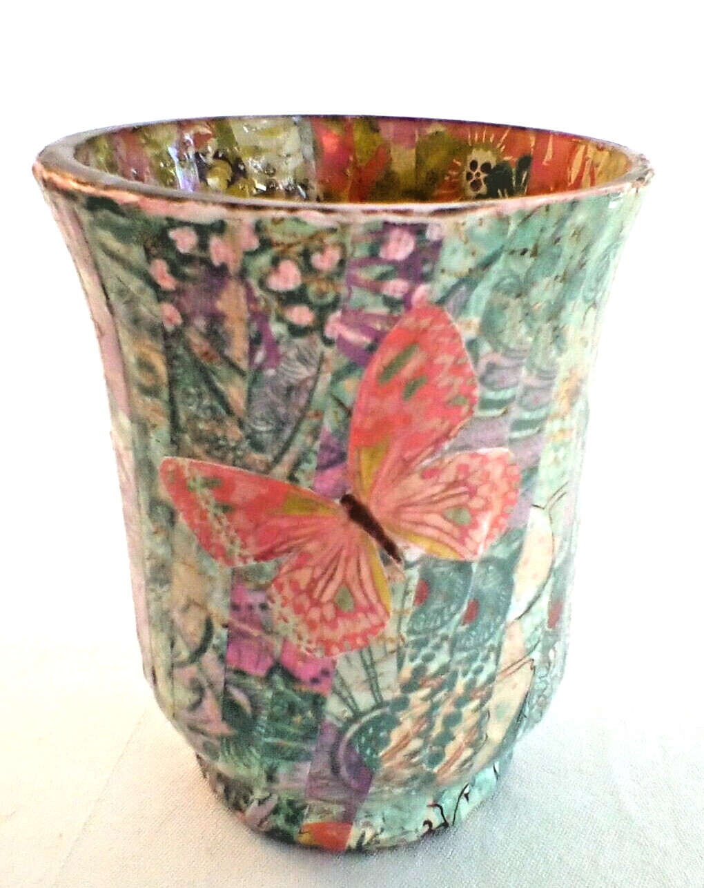 Art Decoupage on Glass Vase Butterflies and Abstract Design Handcrafted NEW