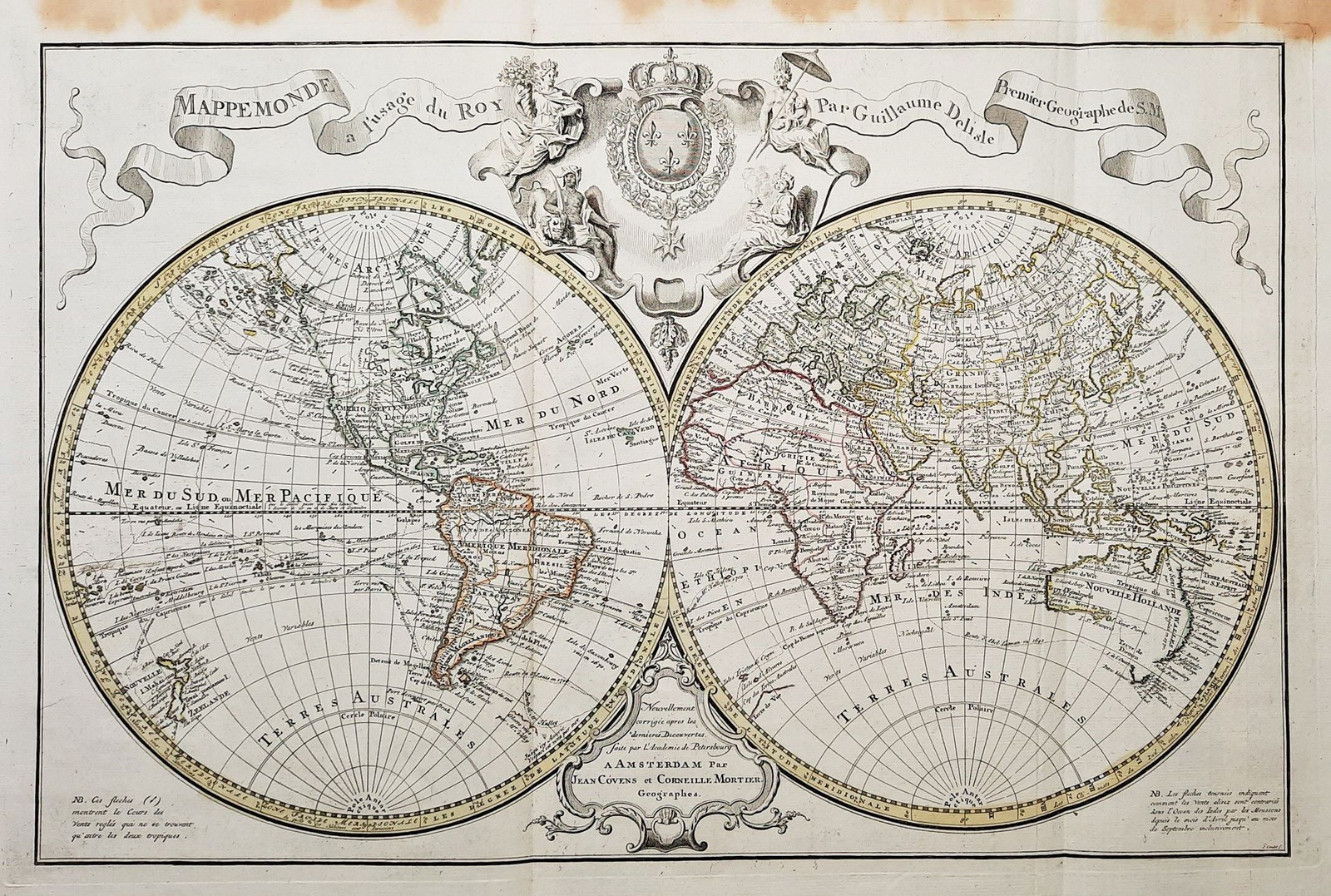 World Map Mappemonde Delisle Covens Mortier Card Copperplate Engraving 1720