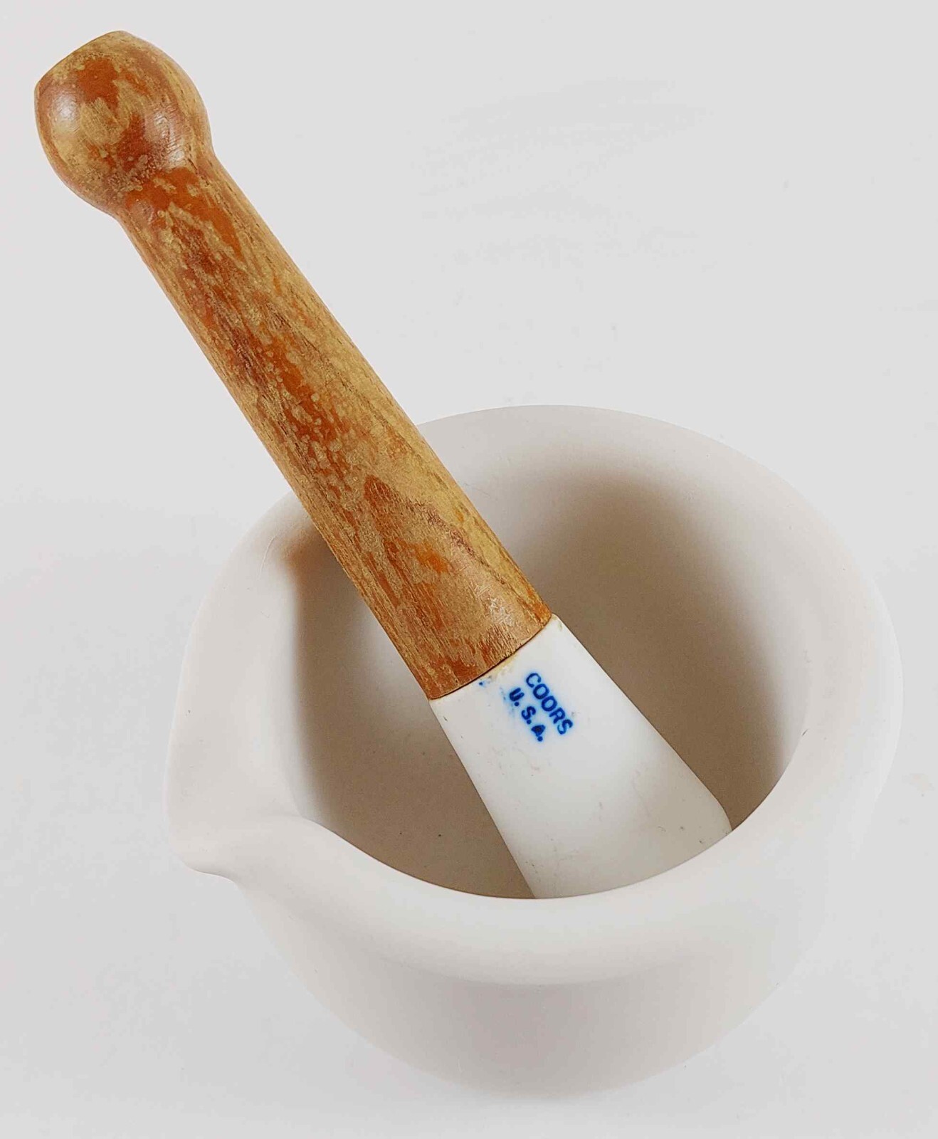 ANTIQUE 1920s COORS APOTHECARY UNGLAZED SMALL MORTAR & PESTLE WOOD HANDLE EUC