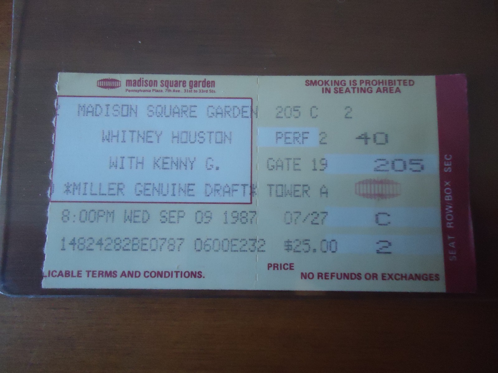 Whitney Houston w/ Kenny G Ticket Stub 9/9/1987 Madison Square Garden NY