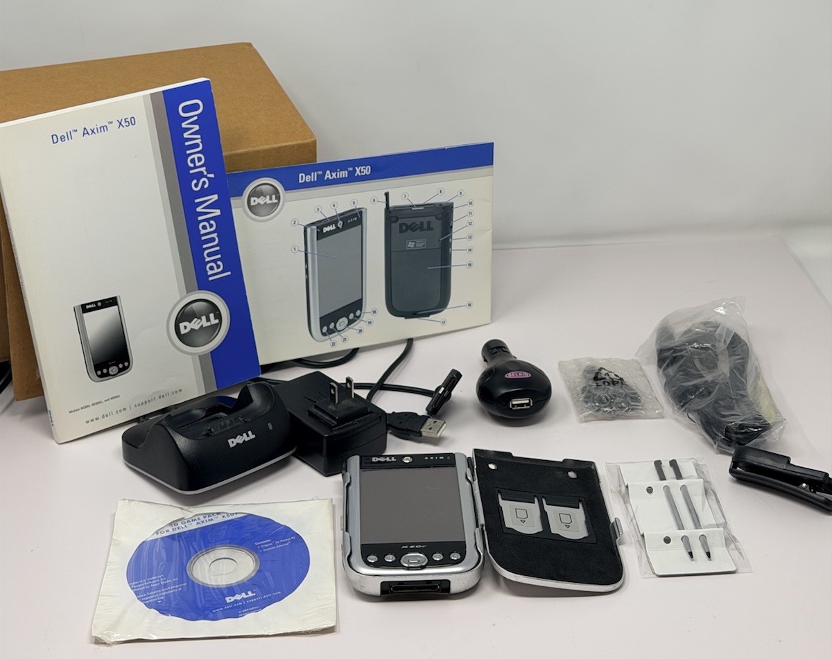 Dell Axim X50 PDA Chargers, Stylus, Case, Game Disc Manual Works & Holds Charge