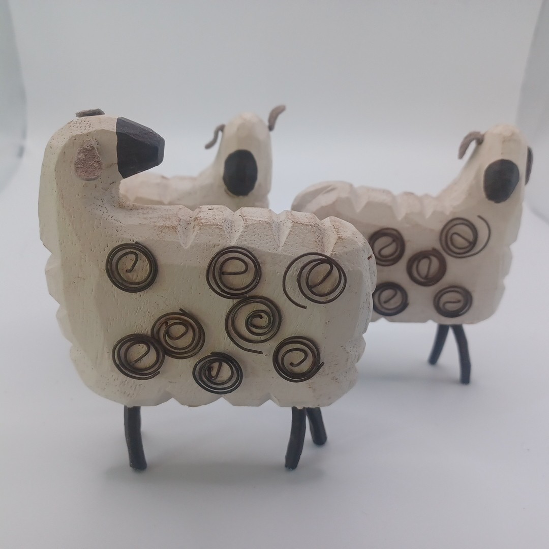 Primative Folk Art Wooden Sheep  (3) With Spiral Metal Embellishments 