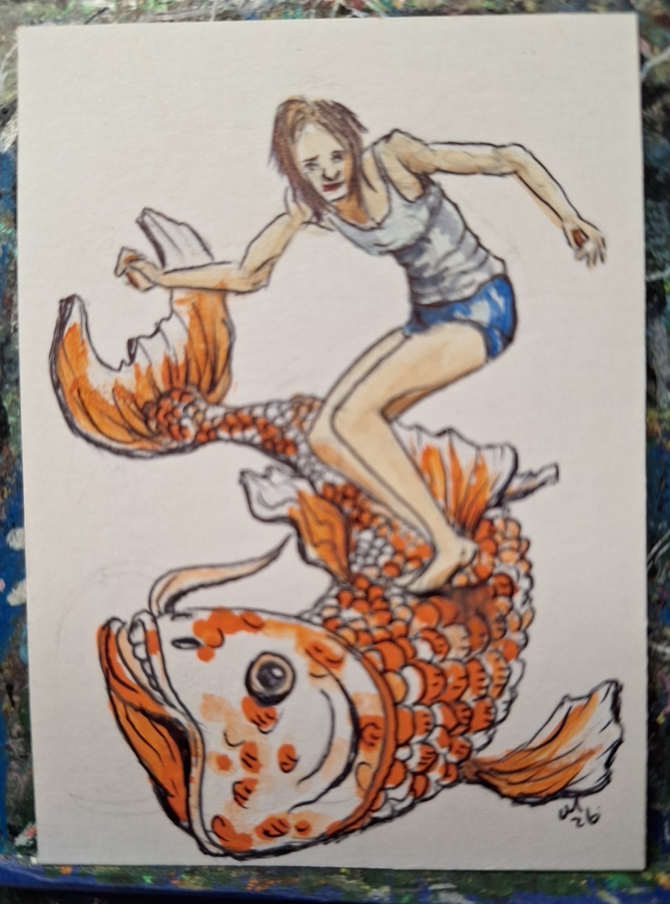 Woman Surfing a Koi Fish ACEO ATC OOAK ORIGINAL 3.5 x 2.5 inches