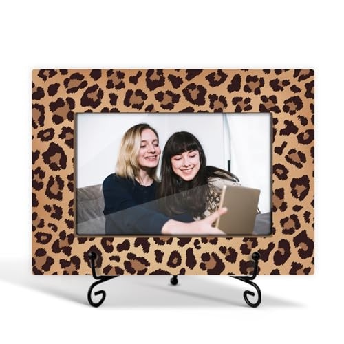 Wooden Picture Frame with Leopard Print, Wood Photo Frame Fits 4x6 Vertical & 