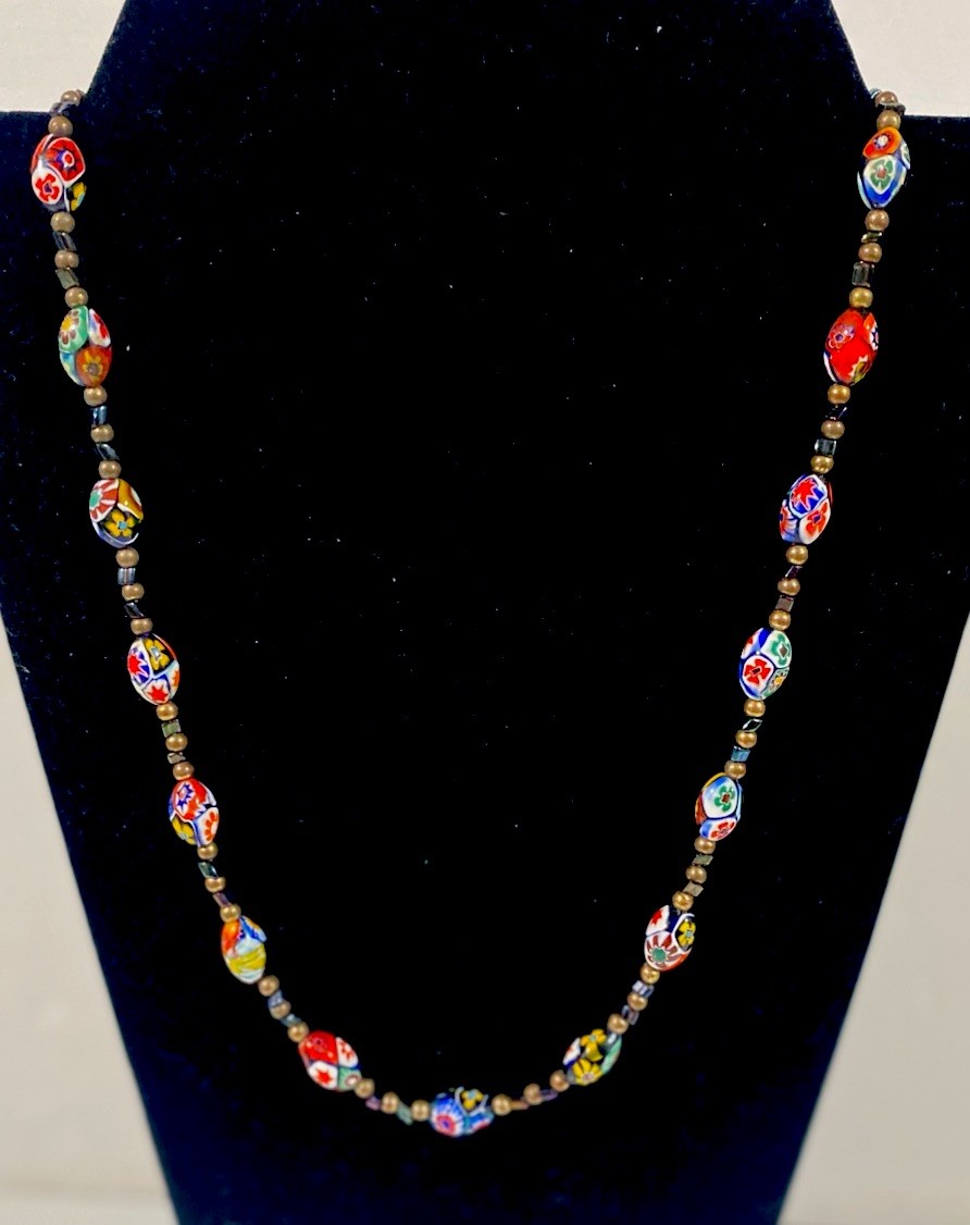 Vintage Venetian Murano Millefiori Oval Bead Necklace 24”