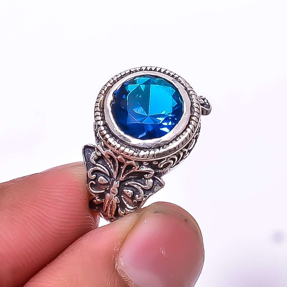 Blue Sapphire - Simulated Solitaire Gemstone 925 Sterling Silver Ring s.6.5 Sk40