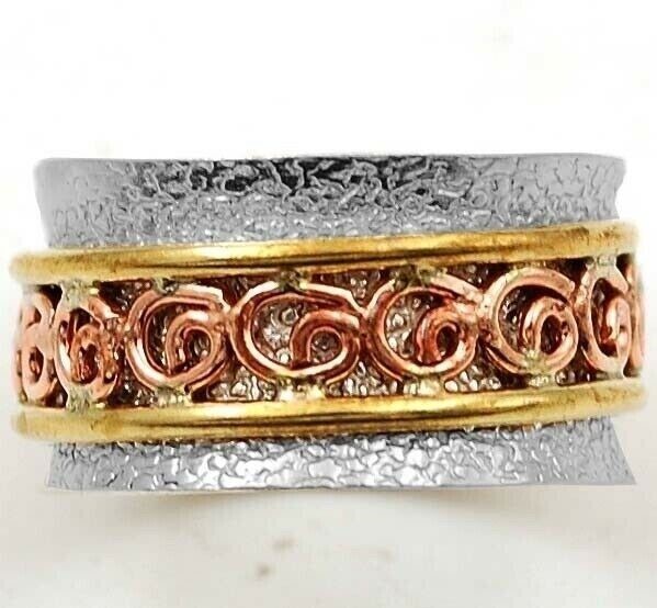  Three Tone- Meditation Spinner Band 925 Sterling Silver Ring Sz 6.5 