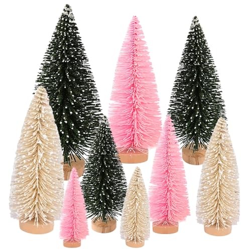  Christmas Trees 9 Pcs Artificial Bottle Brush Tabletop Pink,green,beige 9pcs