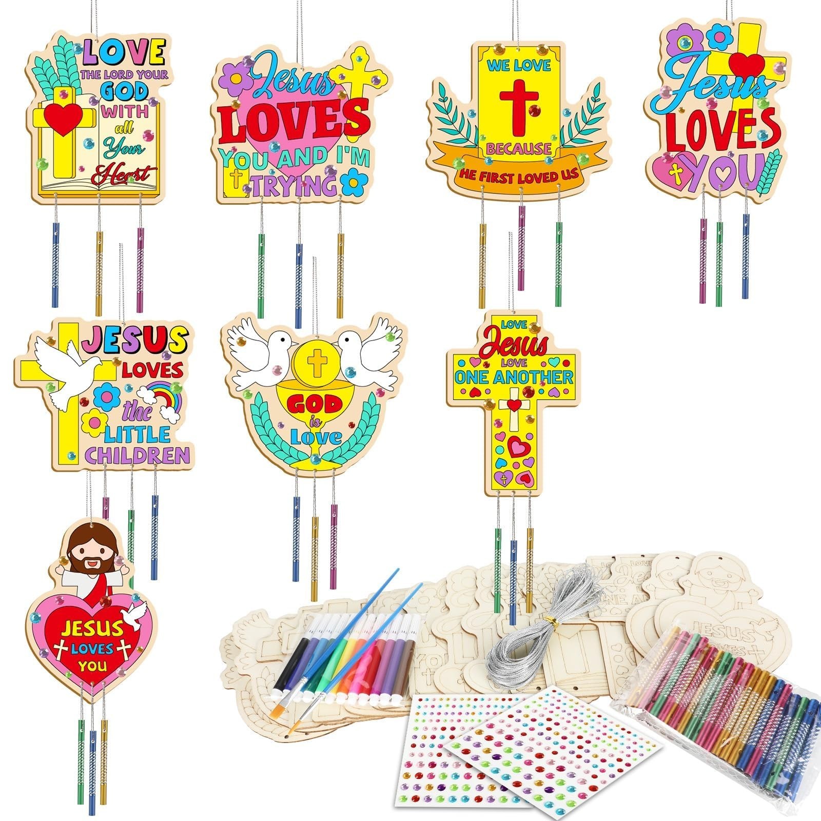 16 Pack Easter Jesus Loves Me Crafts for Kids Wooden Religious Wind Chime Cra...