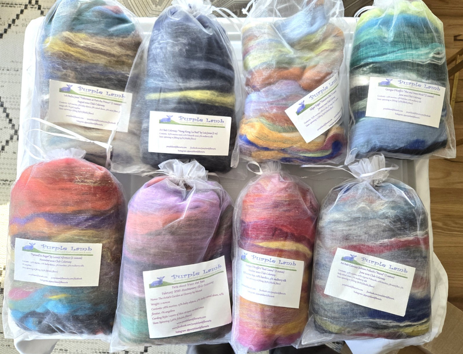 Lot of 8 wool Art Batts, 2 ounces each, made by Purple Lamb